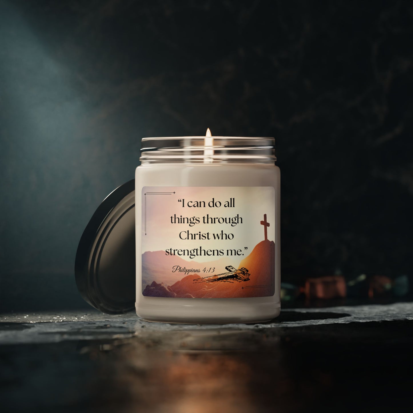 Soy Candle with Bible Verse – “I can do all things through Christ who strengthens me.” 9oz Handcrafted Serenity Candle