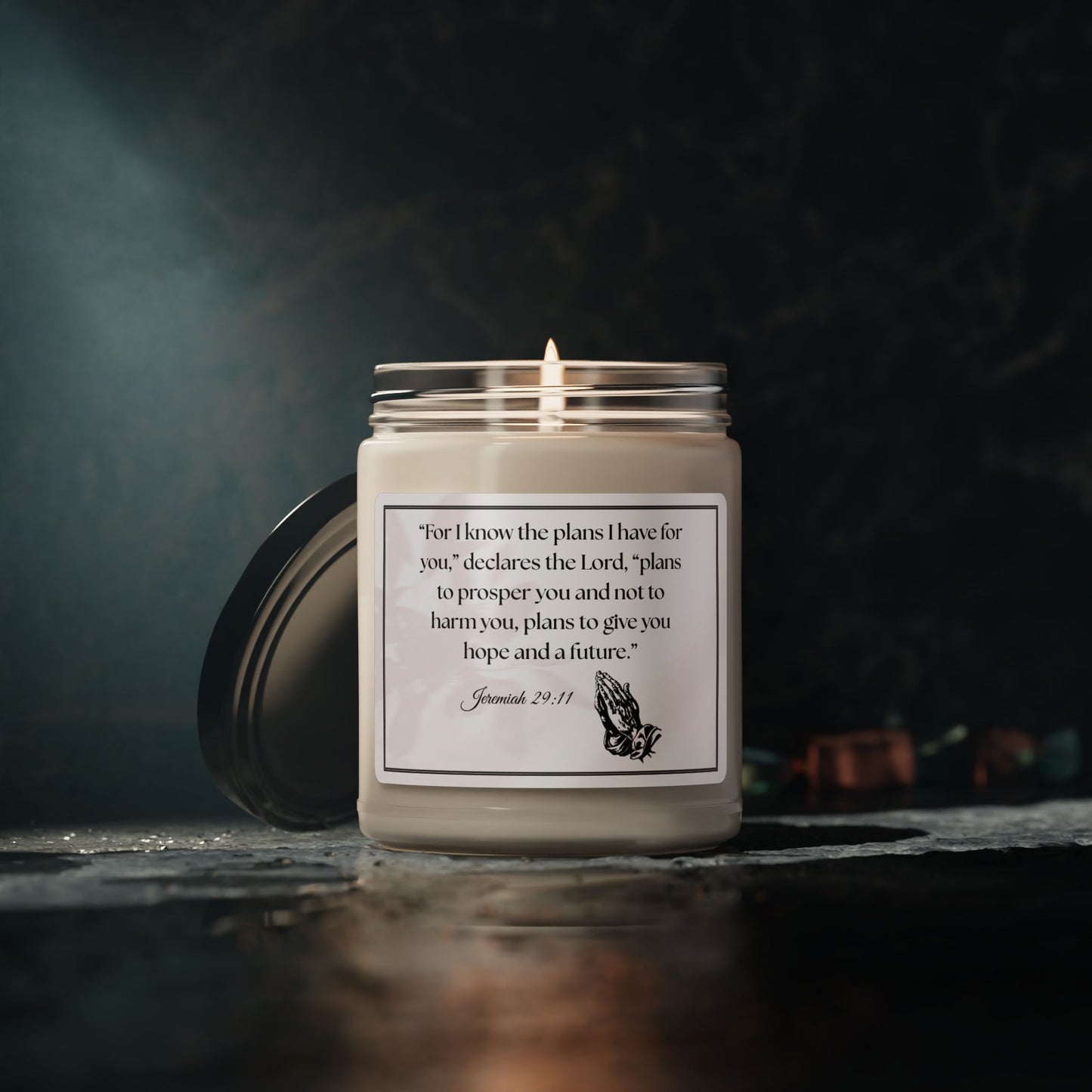 Soy Candle with Bible Verse –“For I know the plans I have for you,”declares the Lord, “plans to prosper you and not to harm you, plans to give you hope and a future.” 9oz Handcrafted Serenity Candle