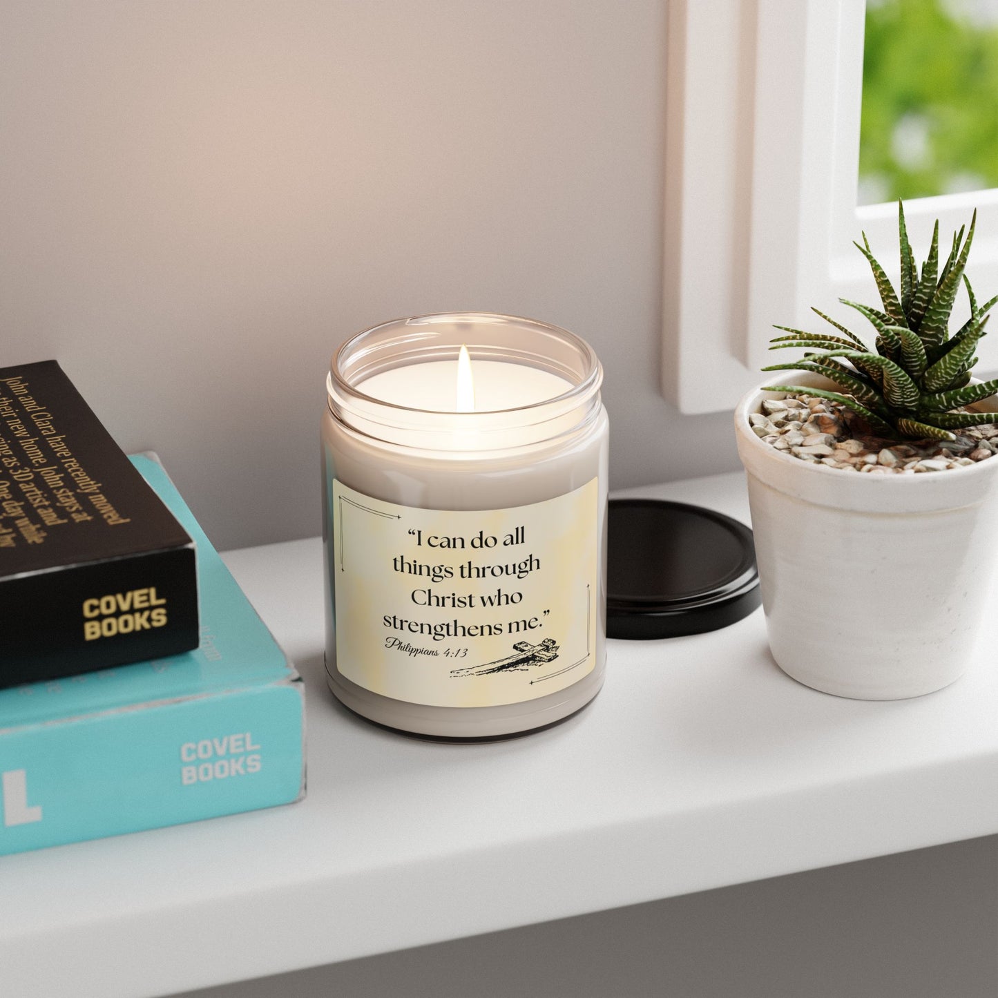 Soy Candle with Bible Verse –“I can do all things through Christ who strengthens me.” 9oz Handcrafted Serenity Candle