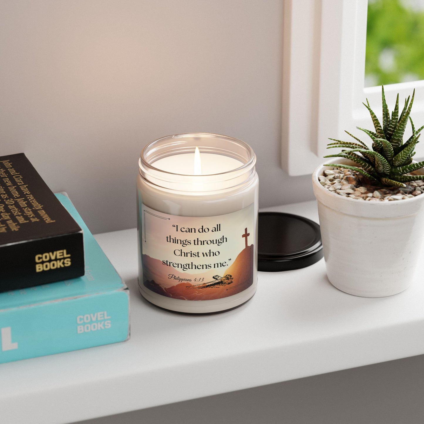 Soy Candle with Bible Verse – “I can do all things through Christ who strengthens me.” 9oz Handcrafted Serenity Candle