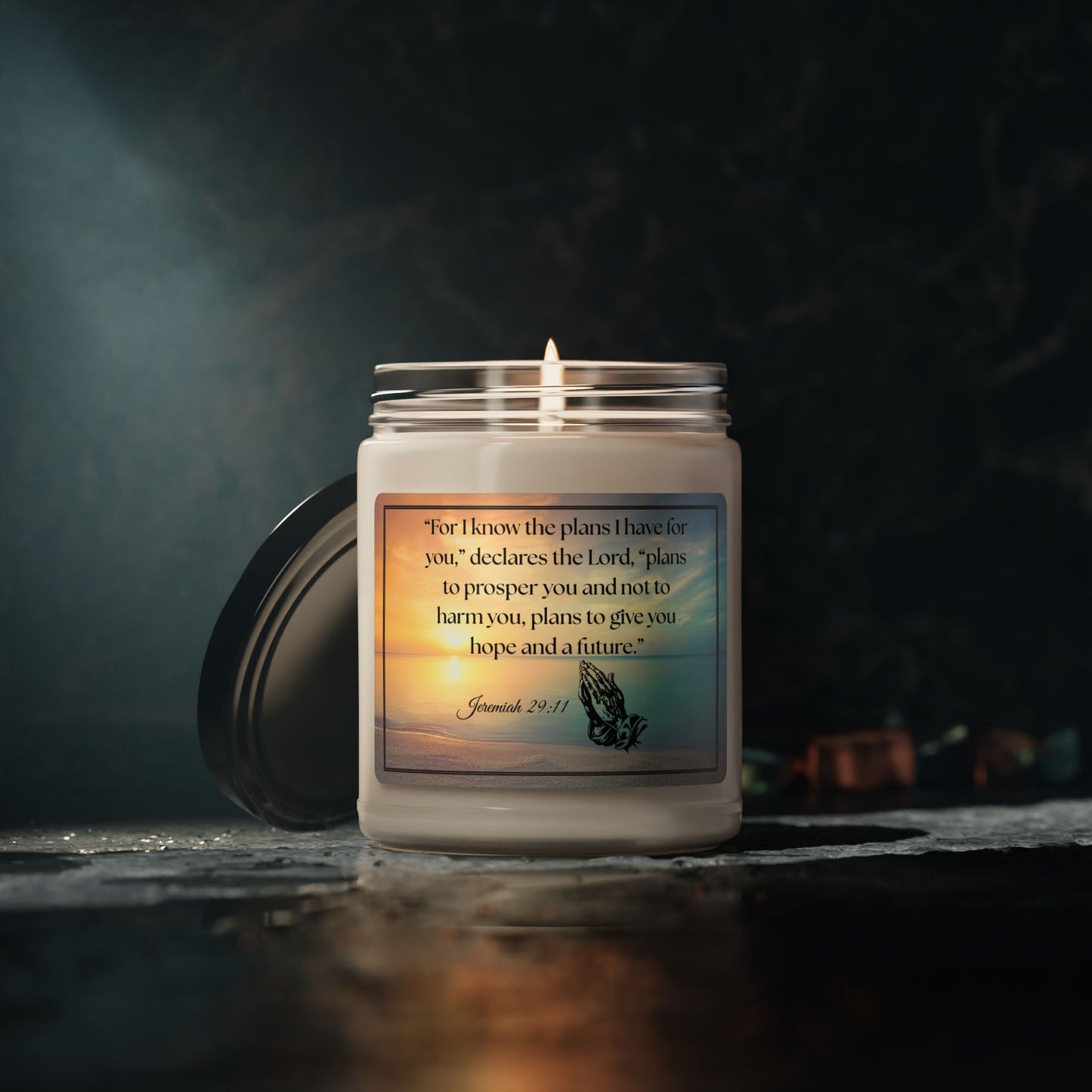 Soy Candle with Bible Verse –“For I know the plans I have for you,”declares the Lord, “plans to prosper you and not to harm you, plans to give you hope and a future.” 9oz Handcrafted Serenity Candle