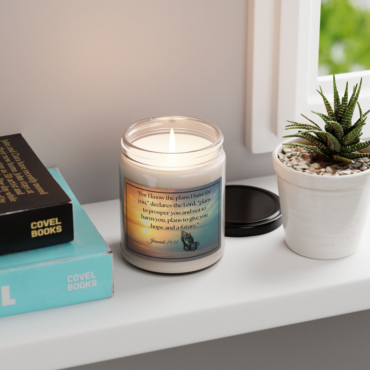 Soy Candle with Bible Verse –“For I know the plans I have for you,”declares the Lord, “plans to prosper you and not to harm you, plans to give you hope and a future.” 9oz Handcrafted Serenity Candle