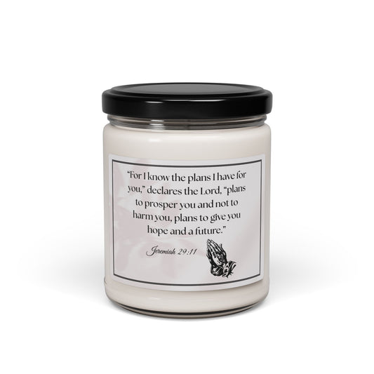 Soy Candle with Bible Verse –“For I know the plans I have for you,”declares the Lord, “plans to prosper you and not to harm you, plans to give you hope and a future.” 9oz Handcrafted Serenity Candle