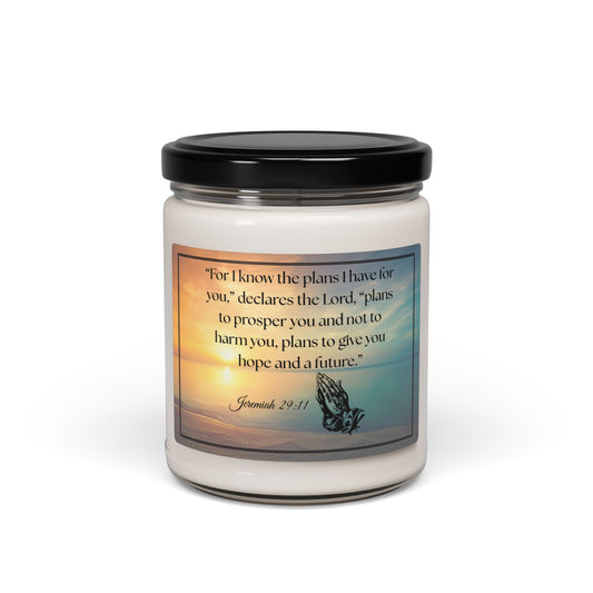 Soy Candle with Bible Verse –“For I know the plans I have for you,”declares the Lord, “plans to prosper you and not to harm you, plans to give you hope and a future.” 9oz Handcrafted Serenity Candle